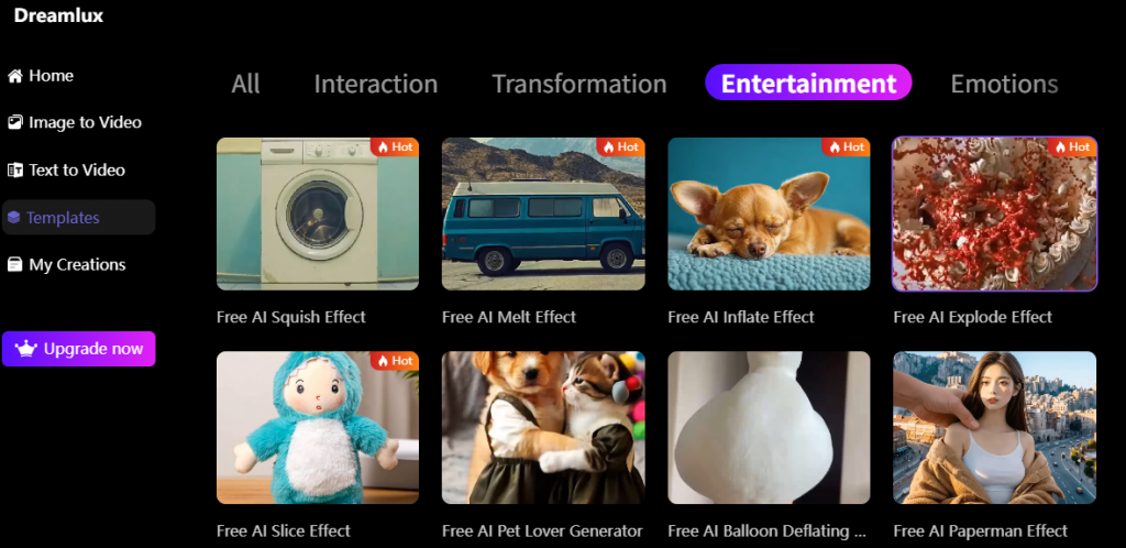 Choose ai explode effect from Dreamlux ai video templates