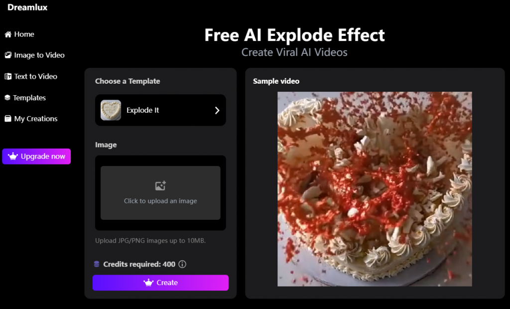 upload an image to use ai explode effect for your video creation.