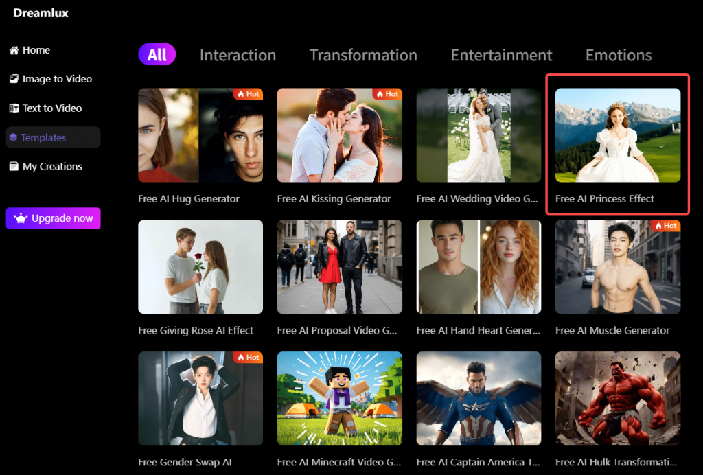 select ai princess gengerator from Dreamlux templates