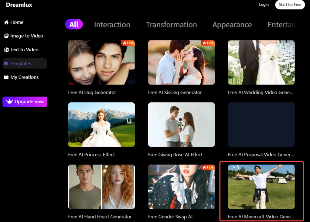 select ai minecraft video generator from Dreamlux templates
