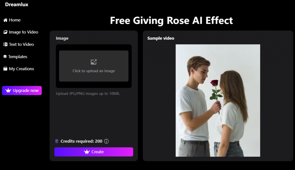 upload an image to use free giving rose ai effect for video creation